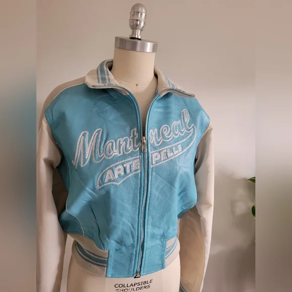 BNWT leather "Montreal" cropped bomber jacket in blue and cream vintage style - Picture 14 of 14